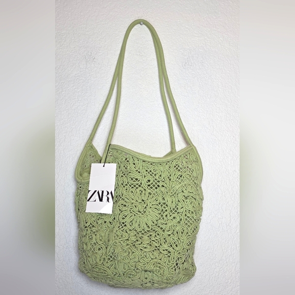NWT Zara Green Cotton Crochet Buckle Style Bag - Picture 6 of 12